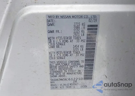 2019 Nissan Pathfinder Sl from USA, damaged, VIN 5N1DR2MN5KC612250